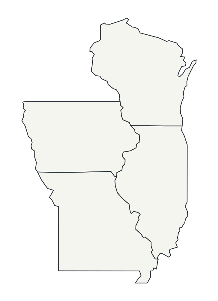 Iowa, Illinois, Wisconsin, and Missouri service area map